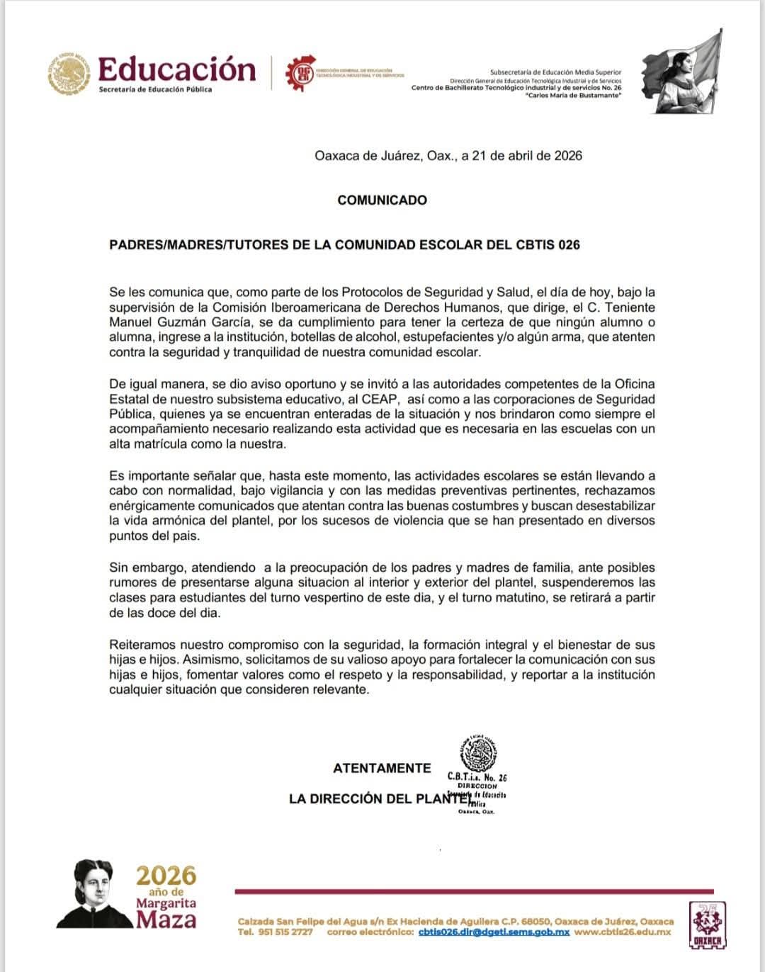 Pánico tras mensaje de posible tiroteo en plantel del CBTIS 026